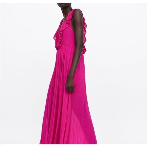 Zara Fushia Pink Plunge V Neck Tie Back Sleeveless Pleated Maxi Dress Medium - Picture 13 of 13